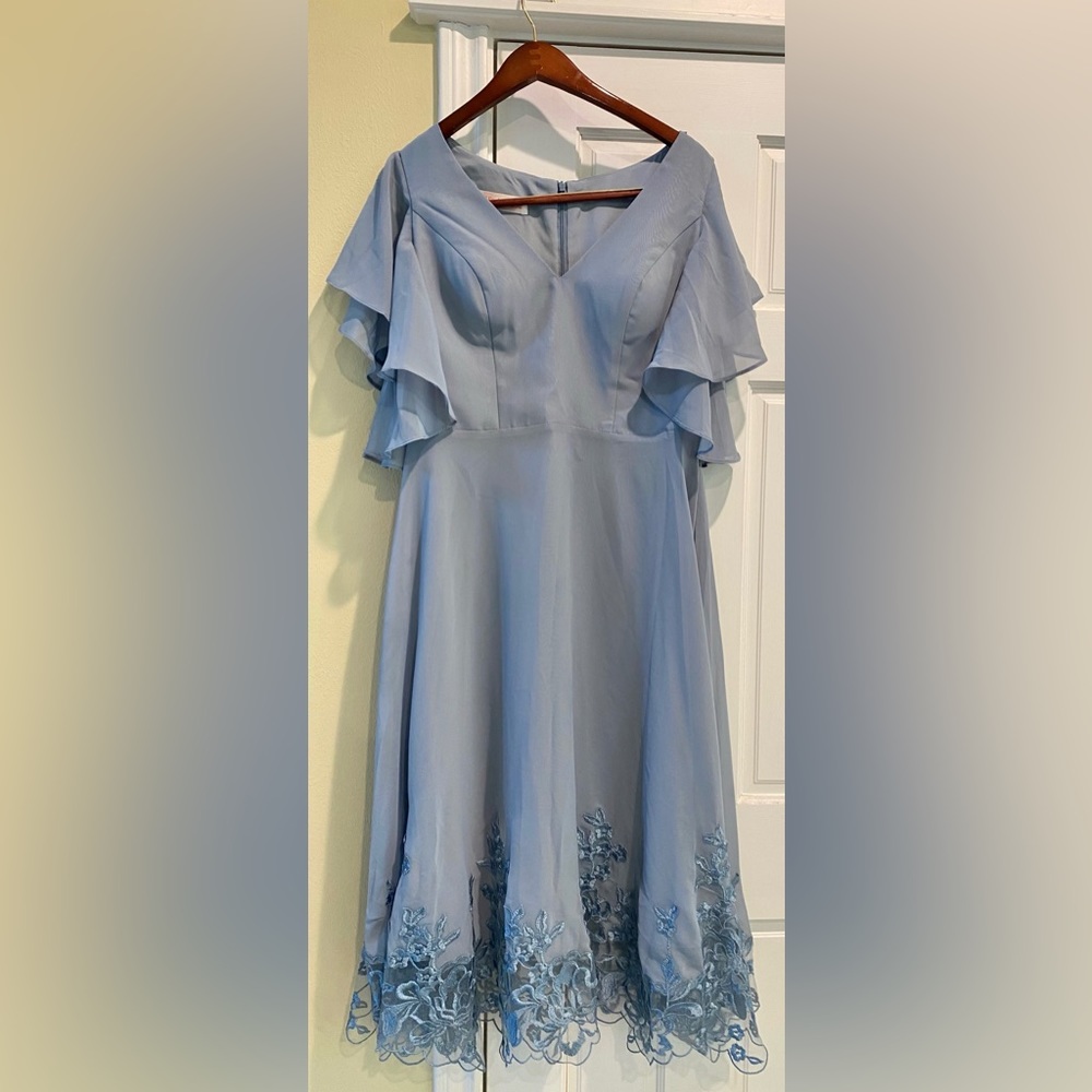 A-line V-Neck Tea-Length Chiffon Lace Cocktail Dress With Sequins, DUSTY BLUE 12